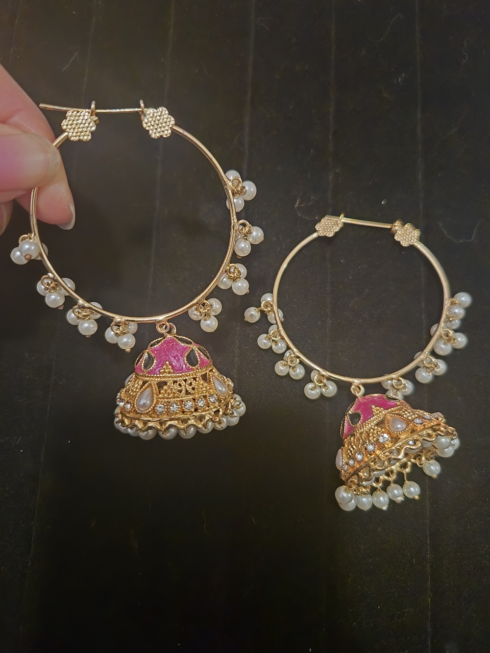 NWOT Pakistani Desi Indian Hoop Earrings with Pink Enamel Jhumka and Pearls